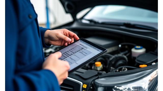 Mechanic performing a detailed inspection of a car engine with a tablet